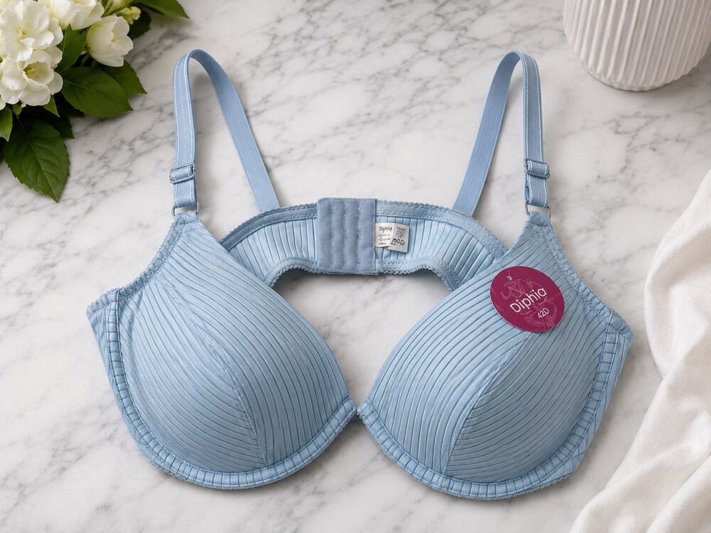 Diphia Light Blue Striped Underwire Bra 42D Lightly Padded 3/4 Coverage NWT